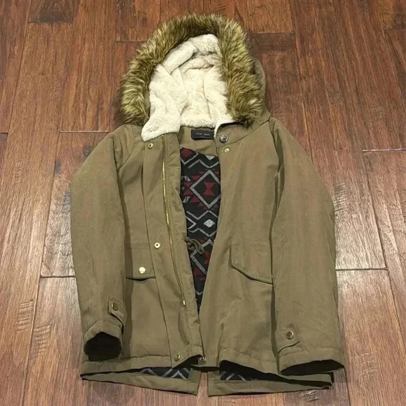 Large LOVE TREE Military Green Hooded Fur Coat - Picture 1 of 12